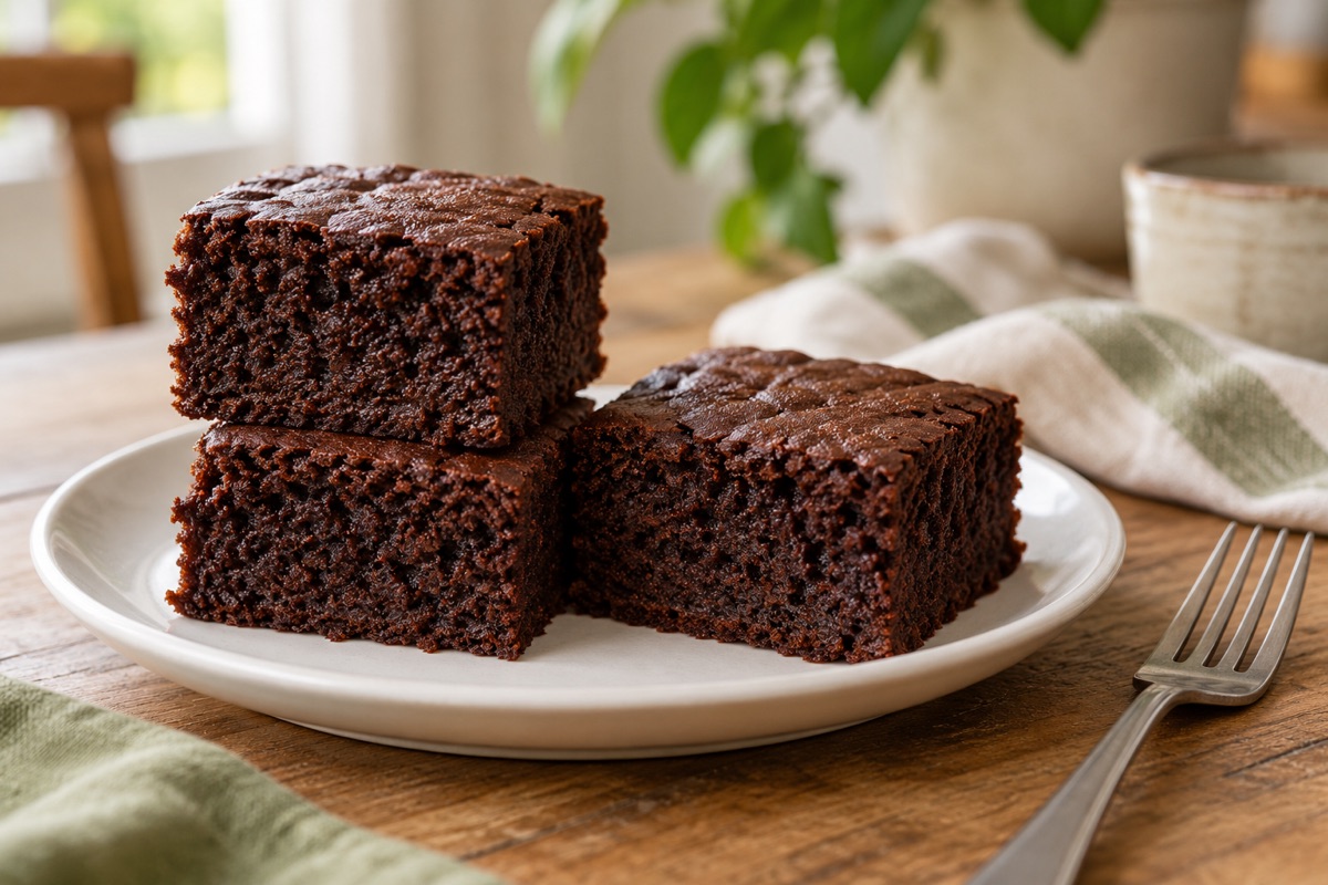 Three squares of dark chocolate cake on a white plate showing a soft, even crumb