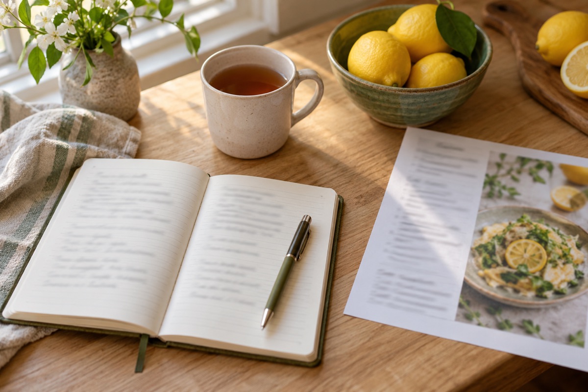 A notebook, pen and printed recipe page on a desk beside a mug of tea and a bowl of lemons